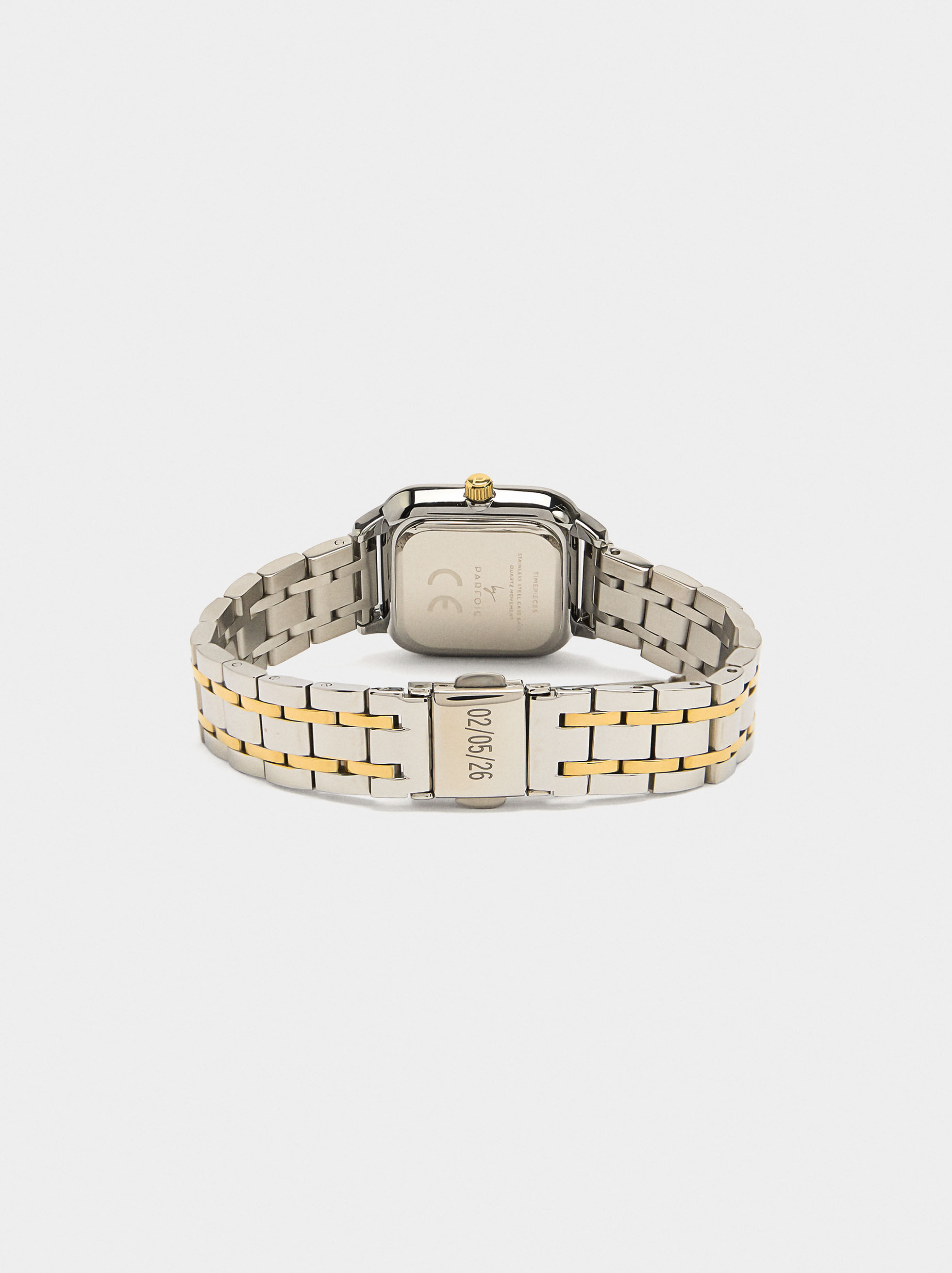Square bicolor steel bracelet watch