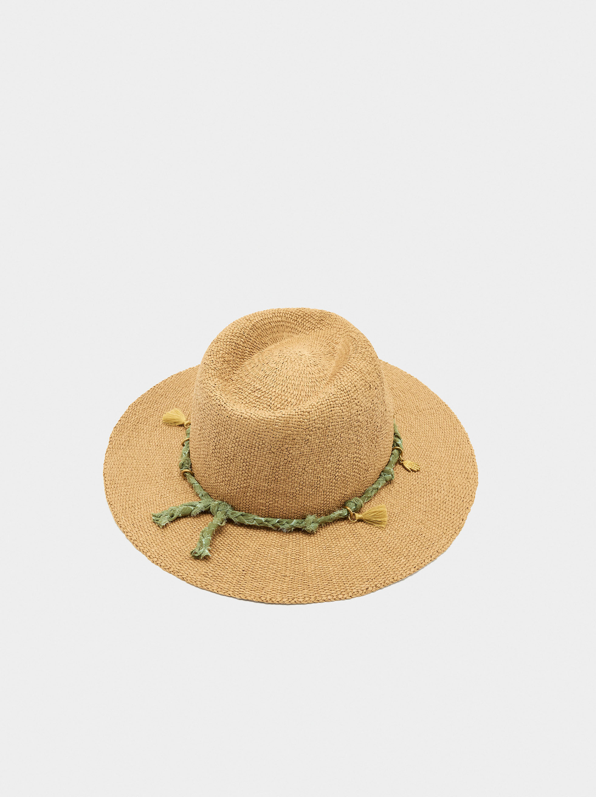 Straw-effect hat with cord and charms