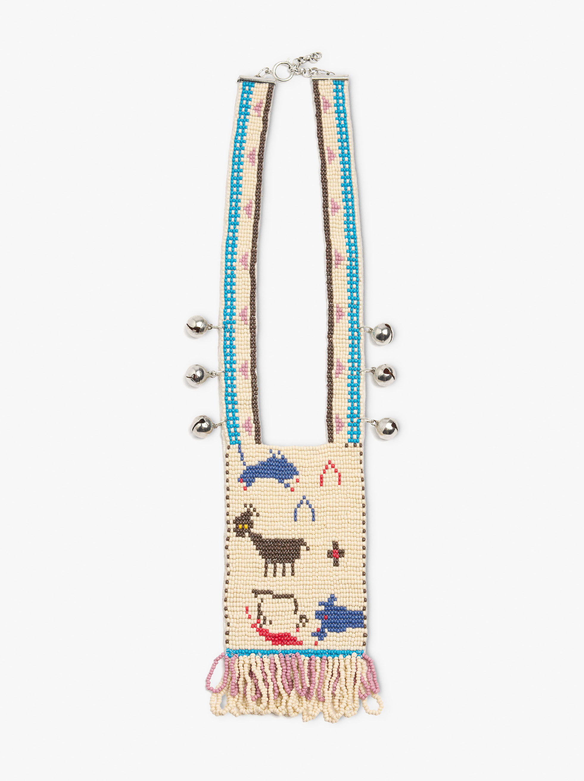 Long necklace with glass beads and jingles